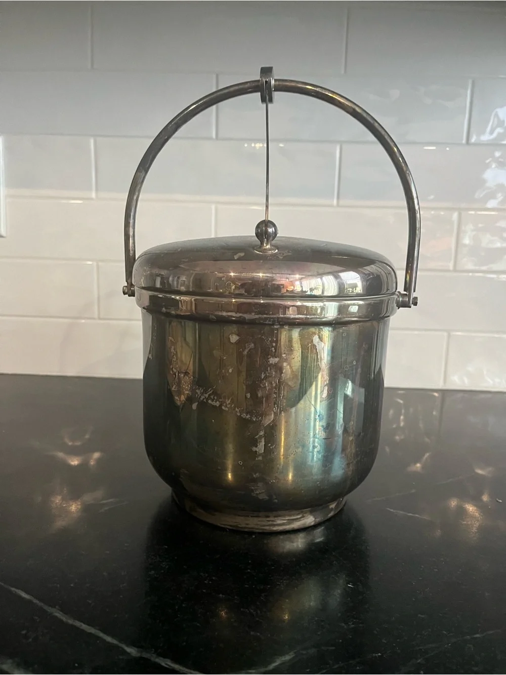 Classic Mid Century  Metal Ice Bucket with Swing Handle - Silver plate